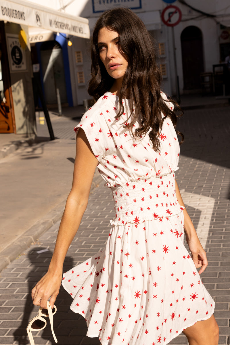Smocked Waist Roll Sleeve- Ellsworth Red