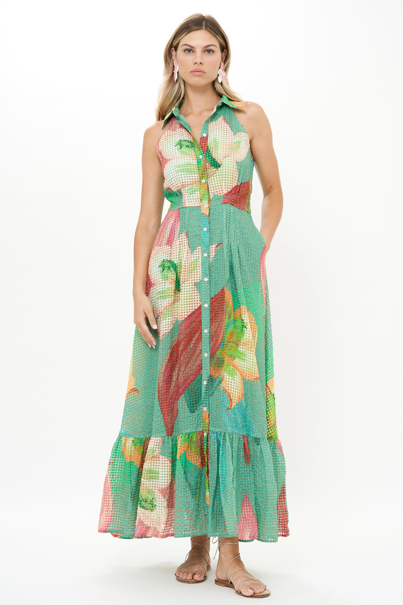 Sleeveless Shirt Dress Maxi- Hibiscus Sage