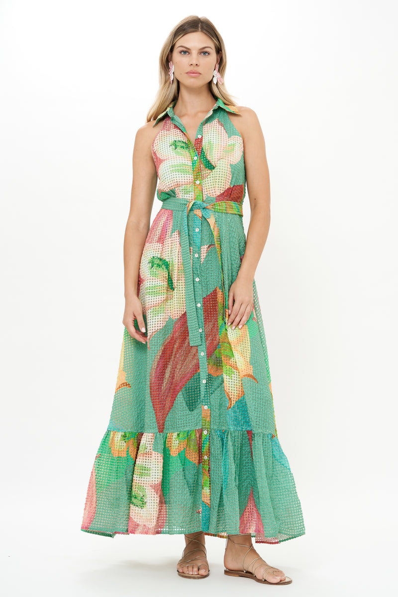 Sleeveless Shirt Dress Maxi- Hibiscus Sage
