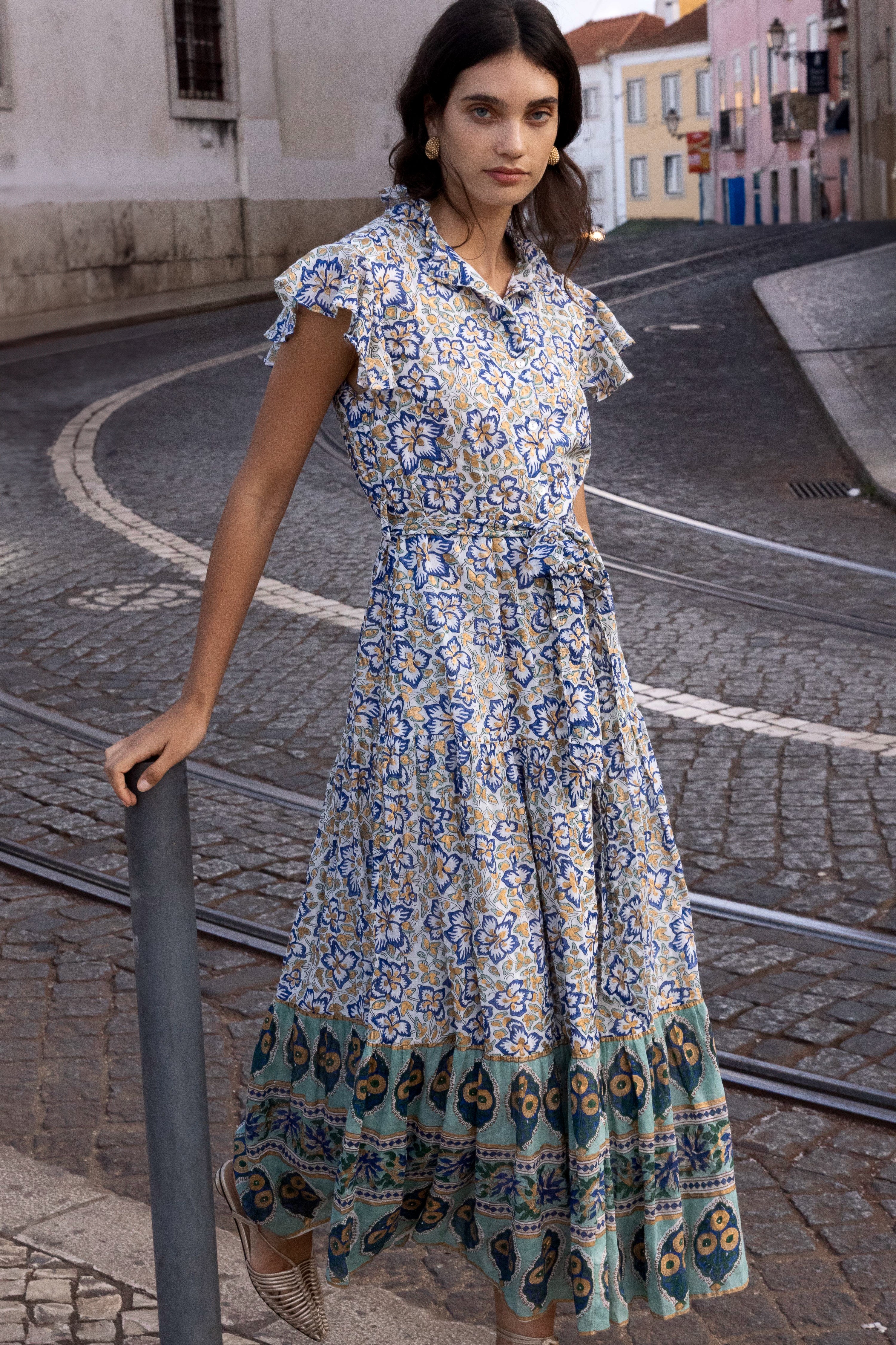Ruffle Collar Button Maxi- Ivy Cobalt