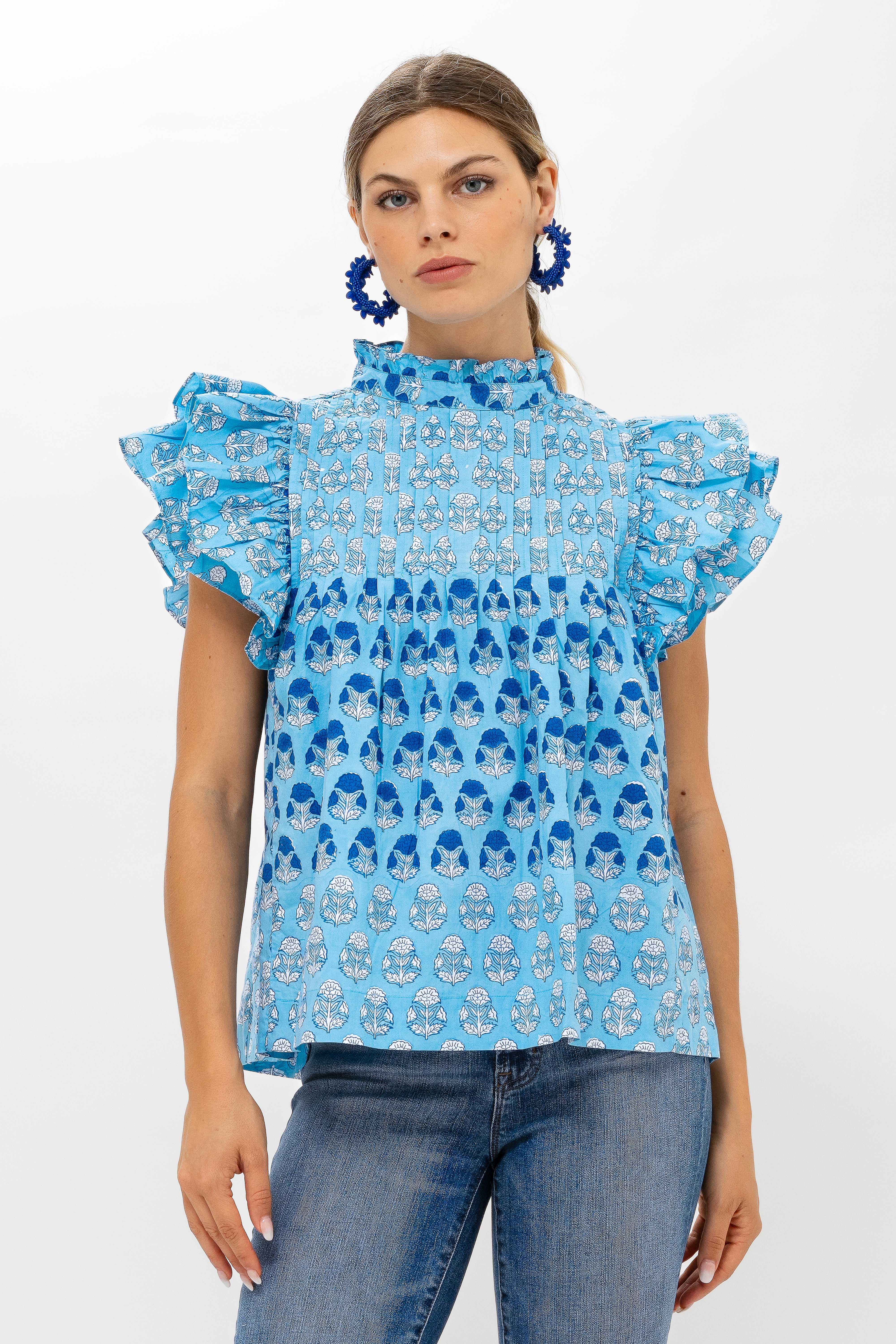 Pintuck Ruffle Top- Laguna Blue