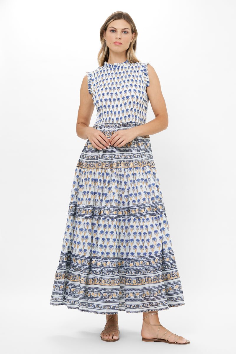 Sleeveless Smocked Maxi- Lotus Navy