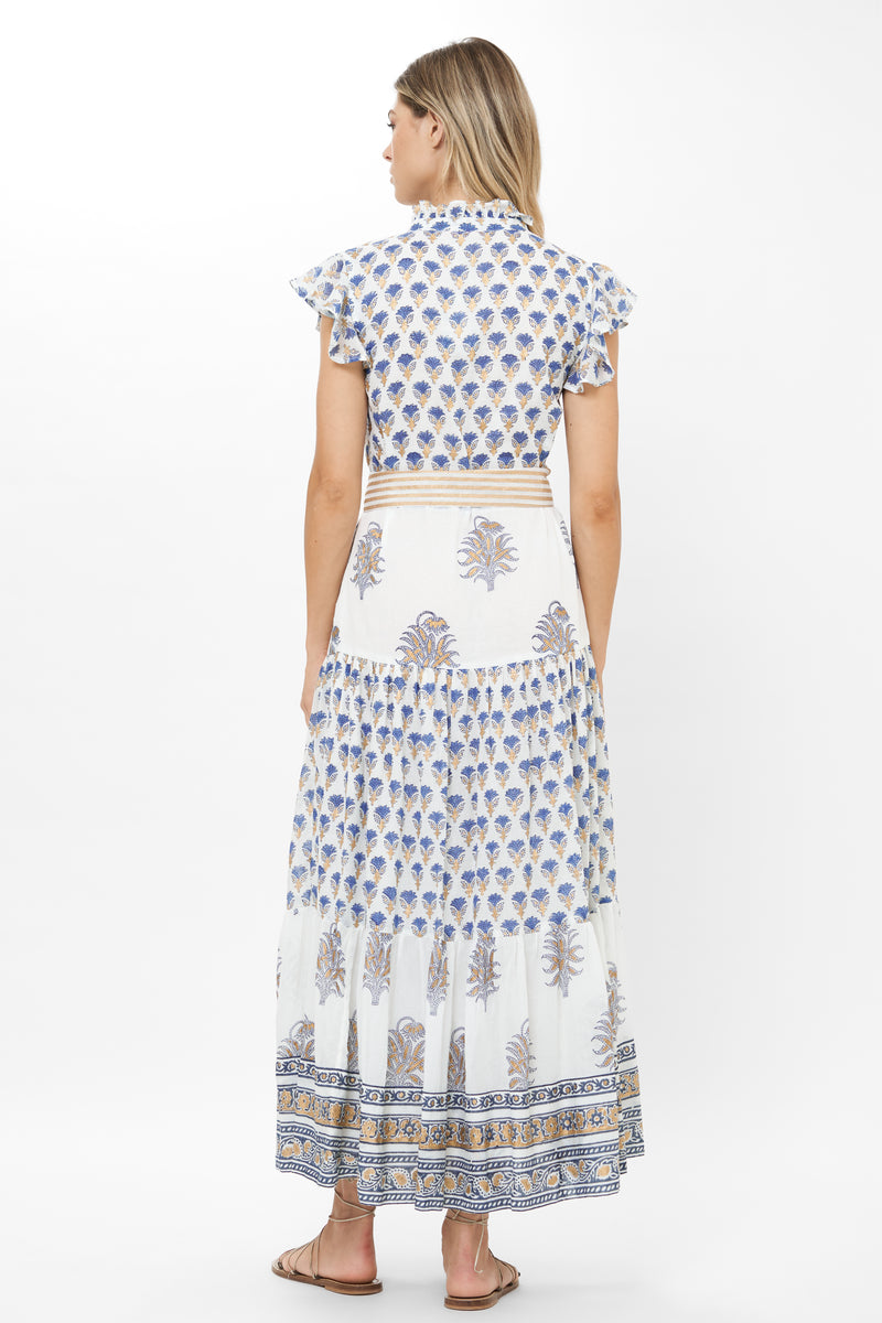 Ruffle Collar Button Maxi- Lotus Navy