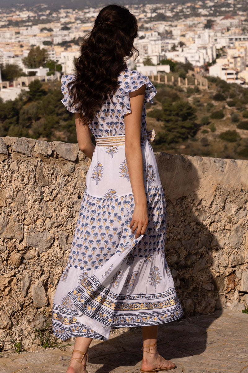 Ruffle Collar Button Maxi- Lotus Navy