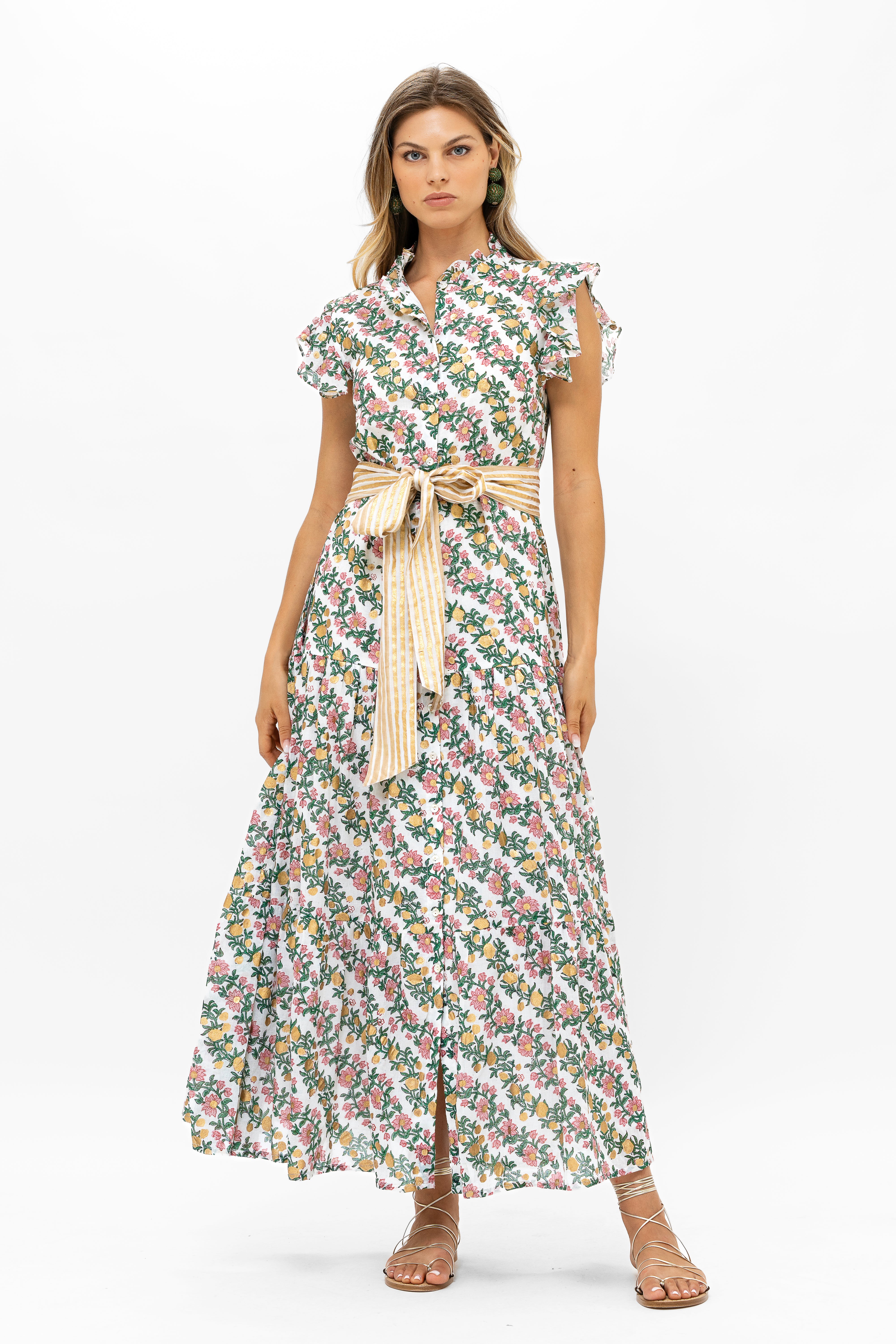 Ruffle Collar Button Maxi- Lupina Coral