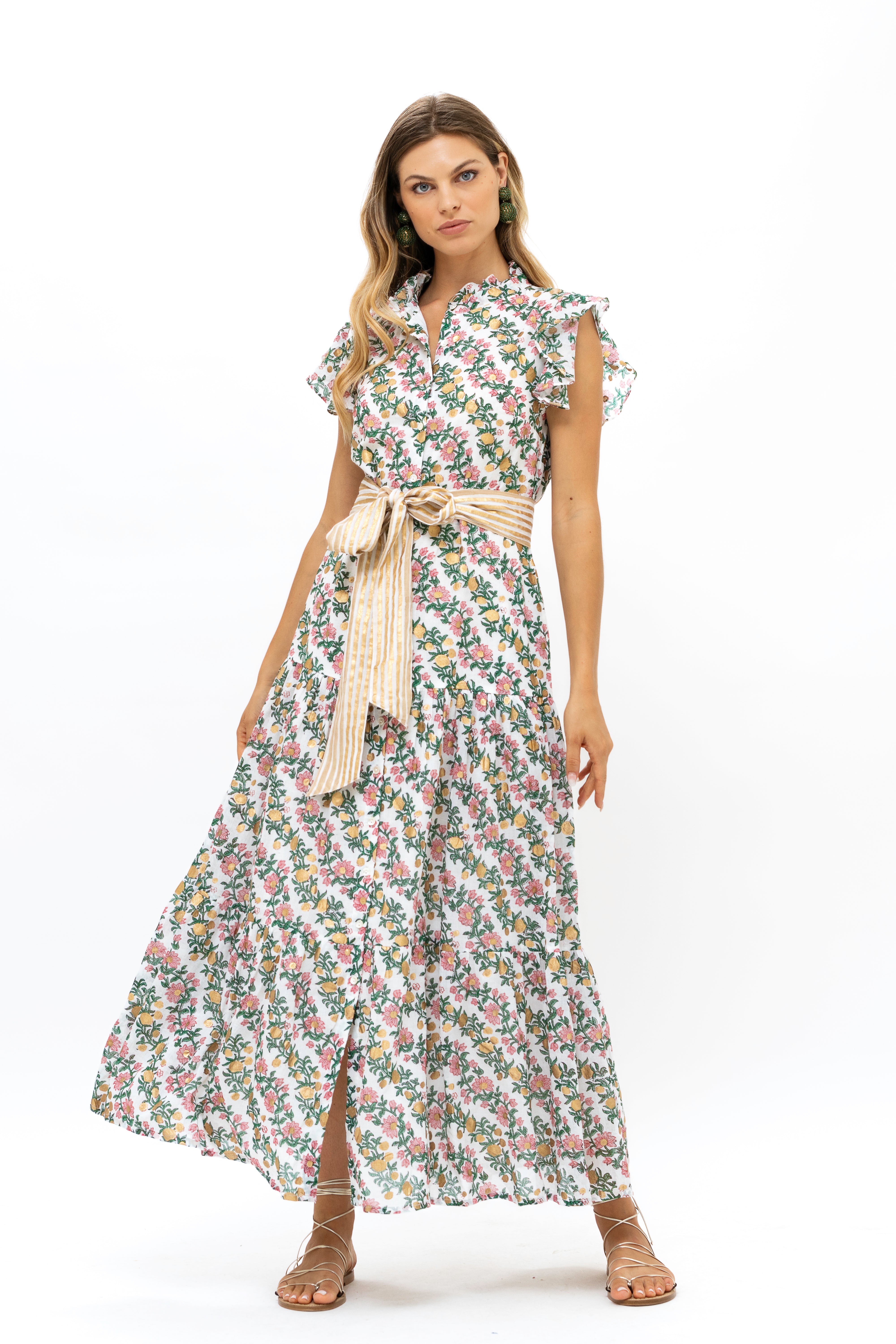 Ruffle Collar Button Maxi- Lupina Coral