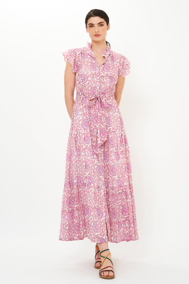 Ruffle Collar Button Maxi- Malta Pink