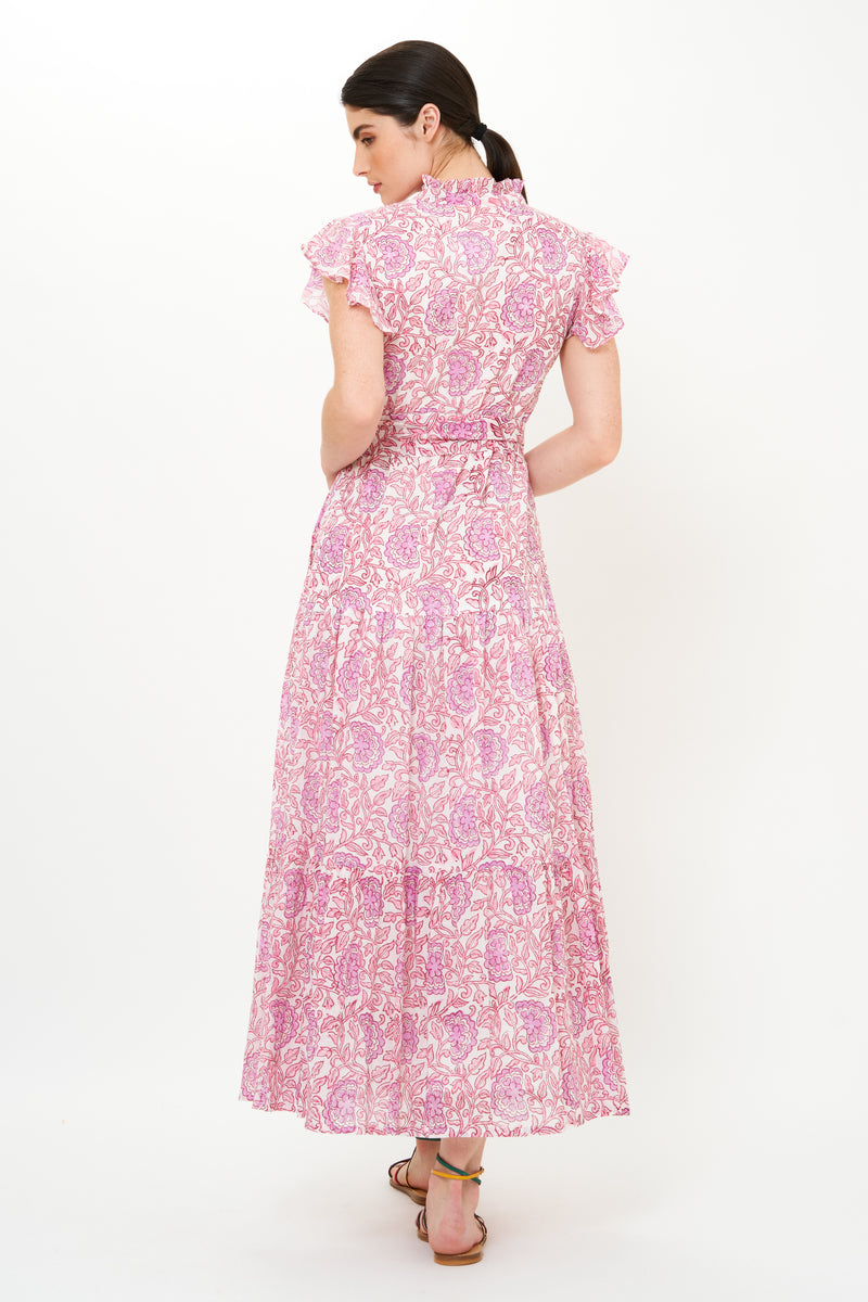 Ruffle Collar Button Maxi- Malta Pink