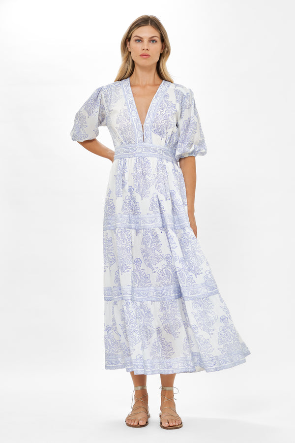 V-Neck Puff Maxi- Amadora Blue
