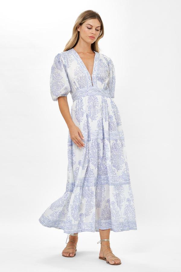 V-Neck Puff Maxi- Amadora Blue