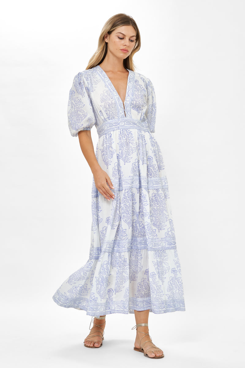 V-Neck Puff Maxi- Amadora Blue