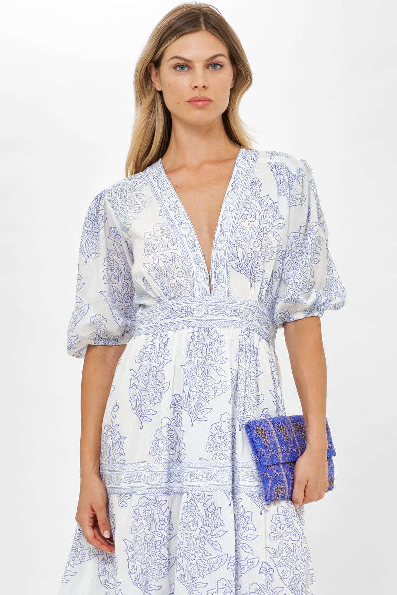 V-Neck Puff Maxi- Amadora Blue