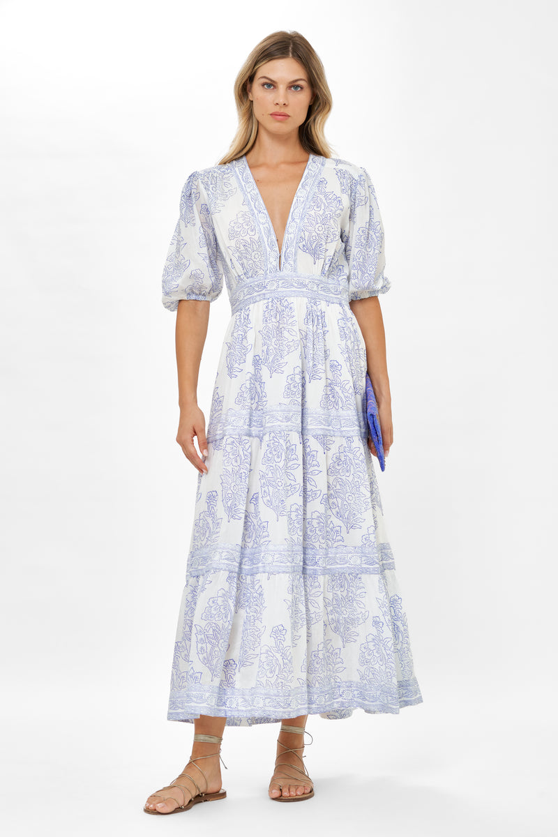 V-Neck Puff Maxi- Amadora Blue