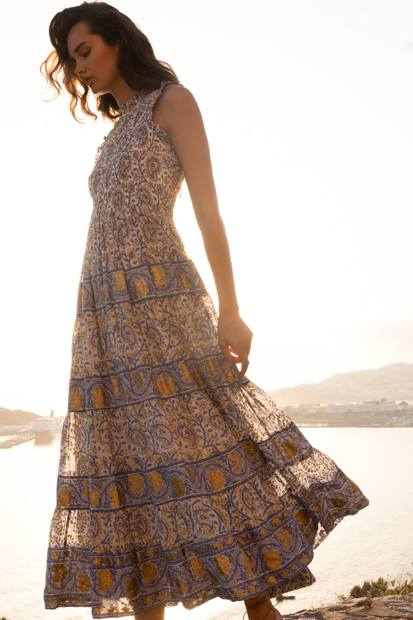 Sleeveless Smocked Maxi- Marseille Blue