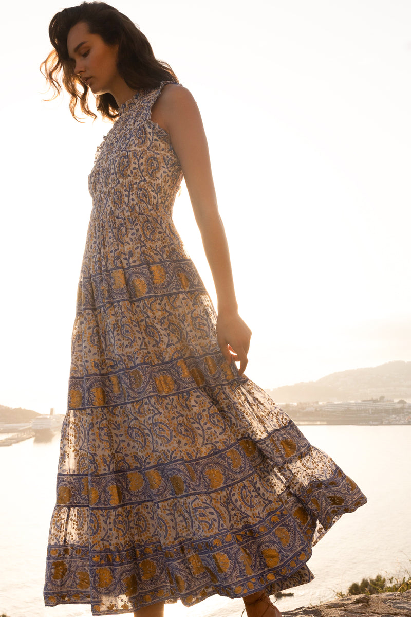 Sleeveless Smocked Maxi- Marseille Blue