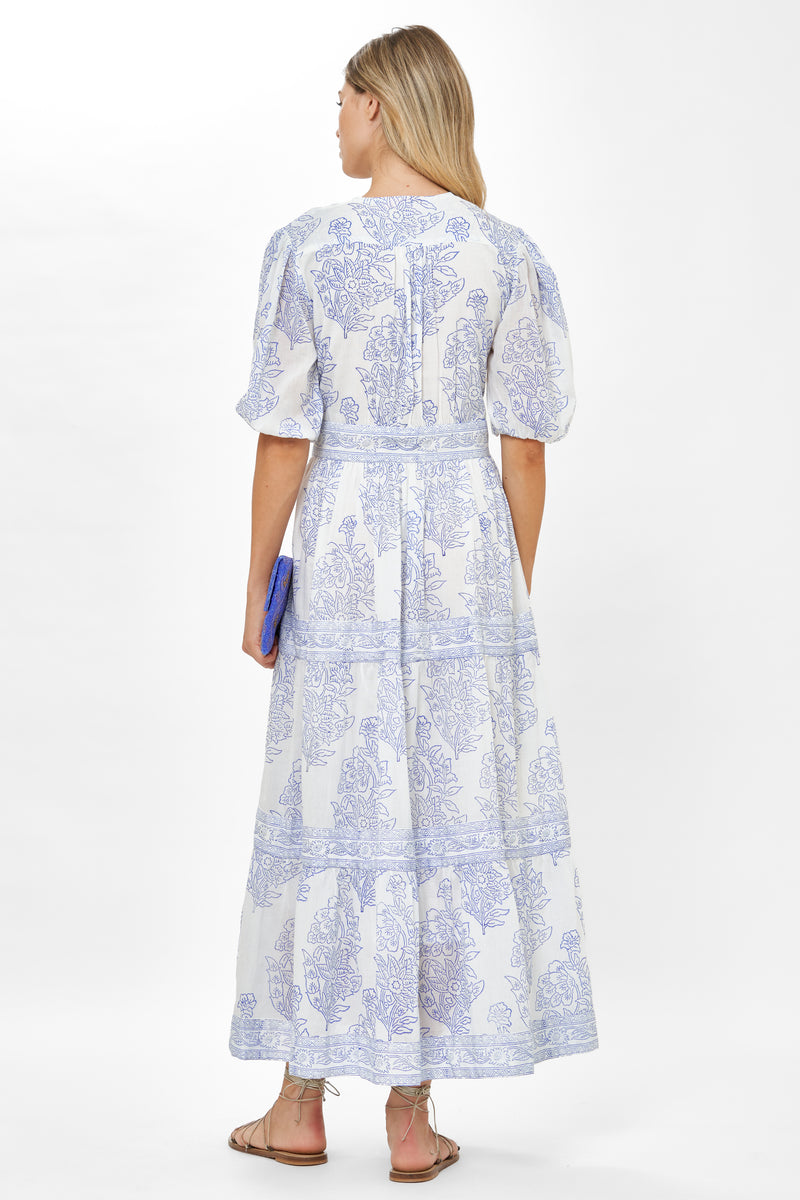 V-Neck Puff Maxi- Amadora Blue