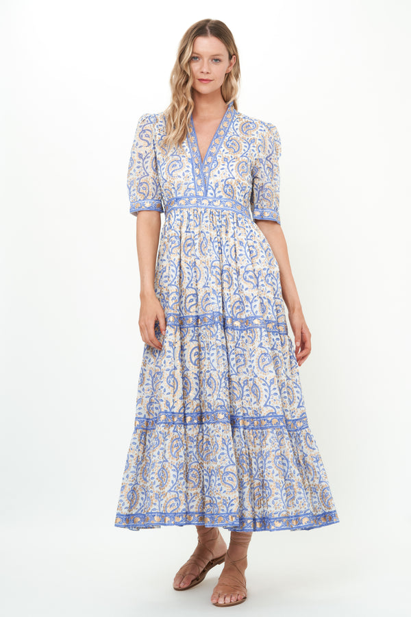 V-Neck Cuffed Maxi- Marseille Blue