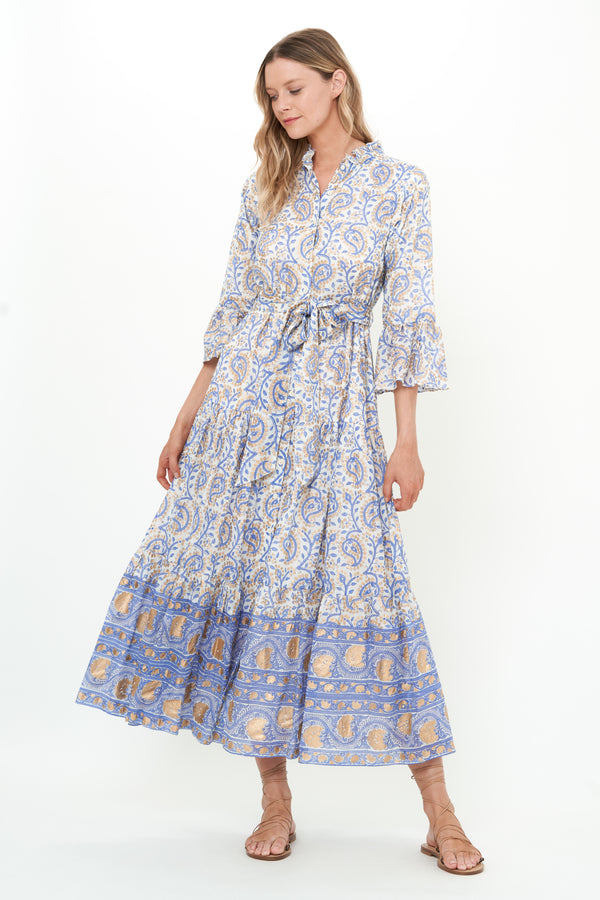 Ruffle Collar Bell Maxi- Marseille Blue