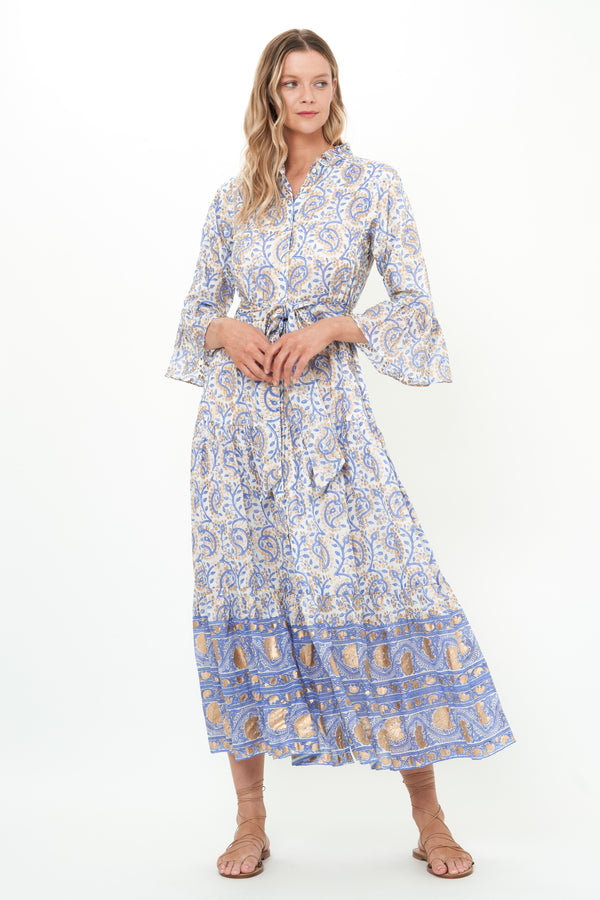 Ruffle Collar Bell Maxi- Marseille Blue