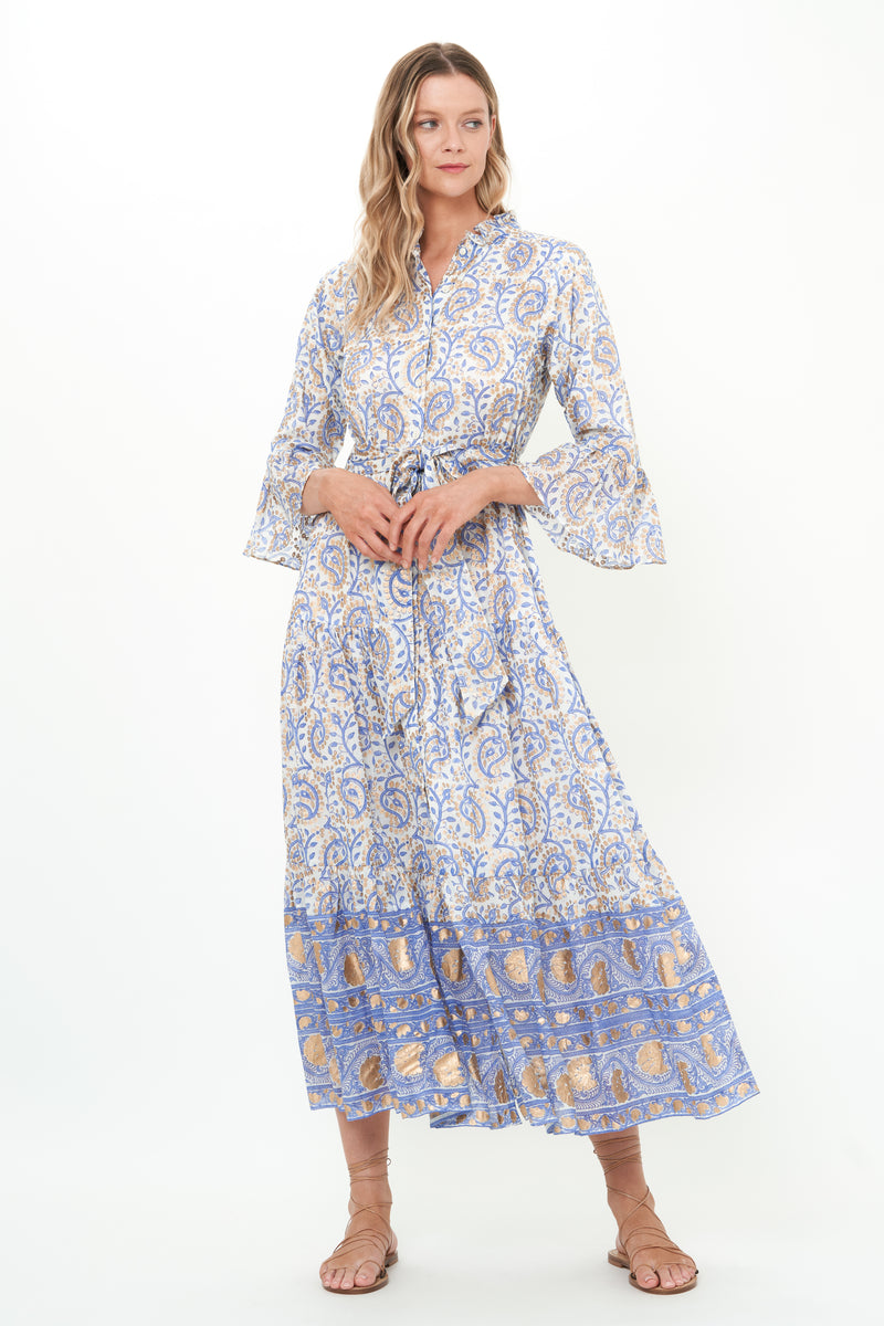 Ruffle Collar Bell Maxi- Marseille Blue