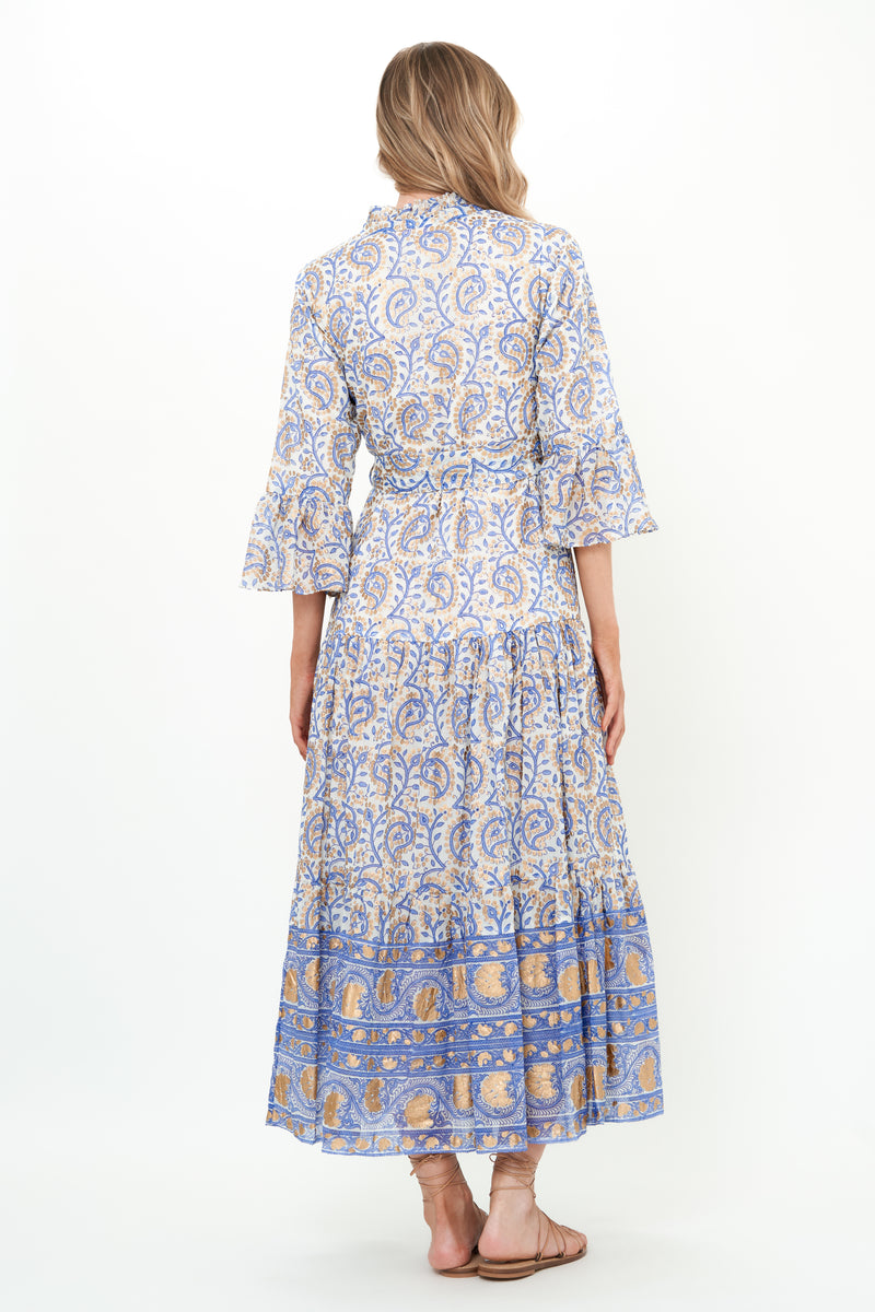 Ruffle Collar Bell Maxi- Marseille Blue