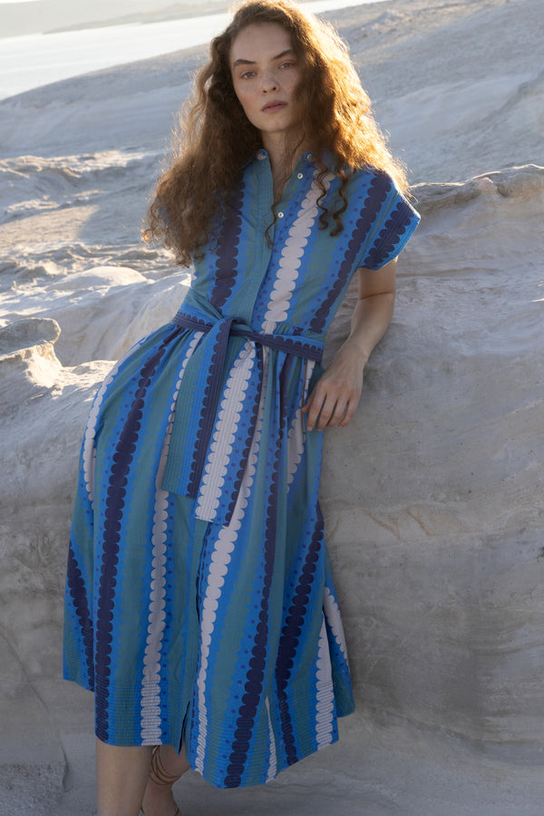 Belted Shirt Dress- Meko Blue