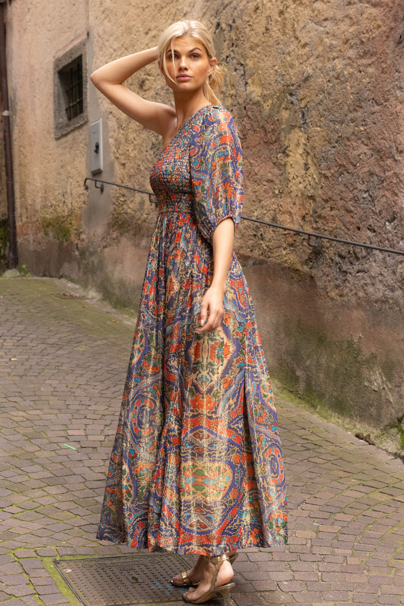 Puff Sleeve One Shoulder Smocked Maxi- Persia Cobalt