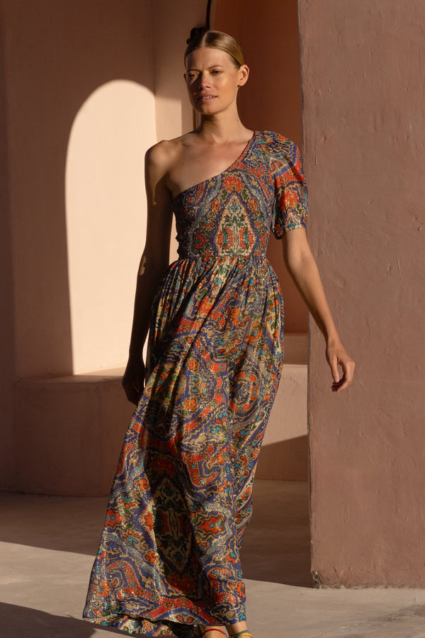 Puff Sleeve One Shoulder Smocked Maxi- Persia Cobalt