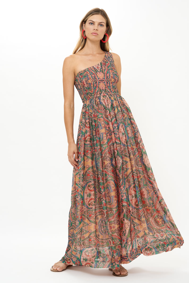 One Shoulder Smocked Maxi- Persia Aqua