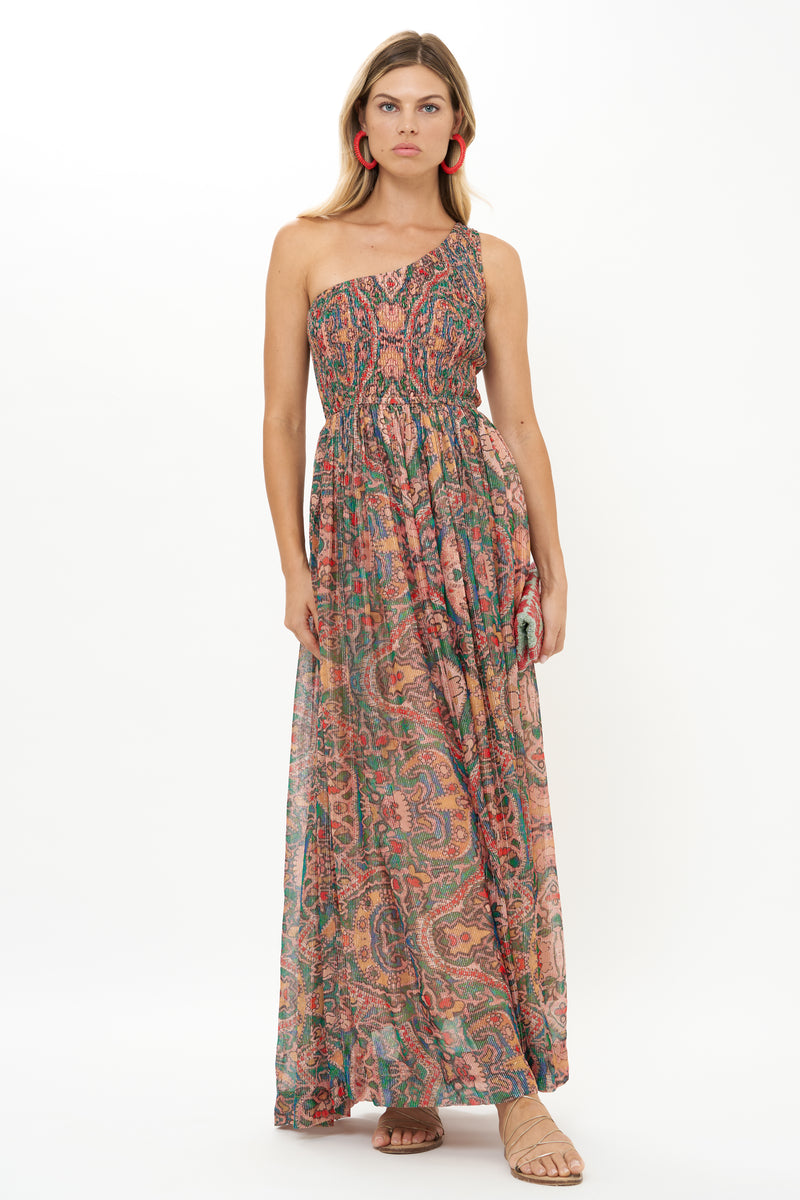 One Shoulder Smocked Maxi- Persia Aqua