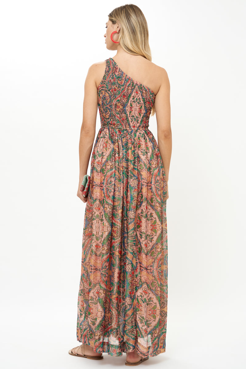 One Shoulder Smocked Maxi- Persia Aqua