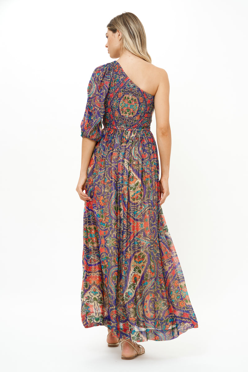 Puff Sleeve One Shoulder Smocked Maxi- Persia Cobalt