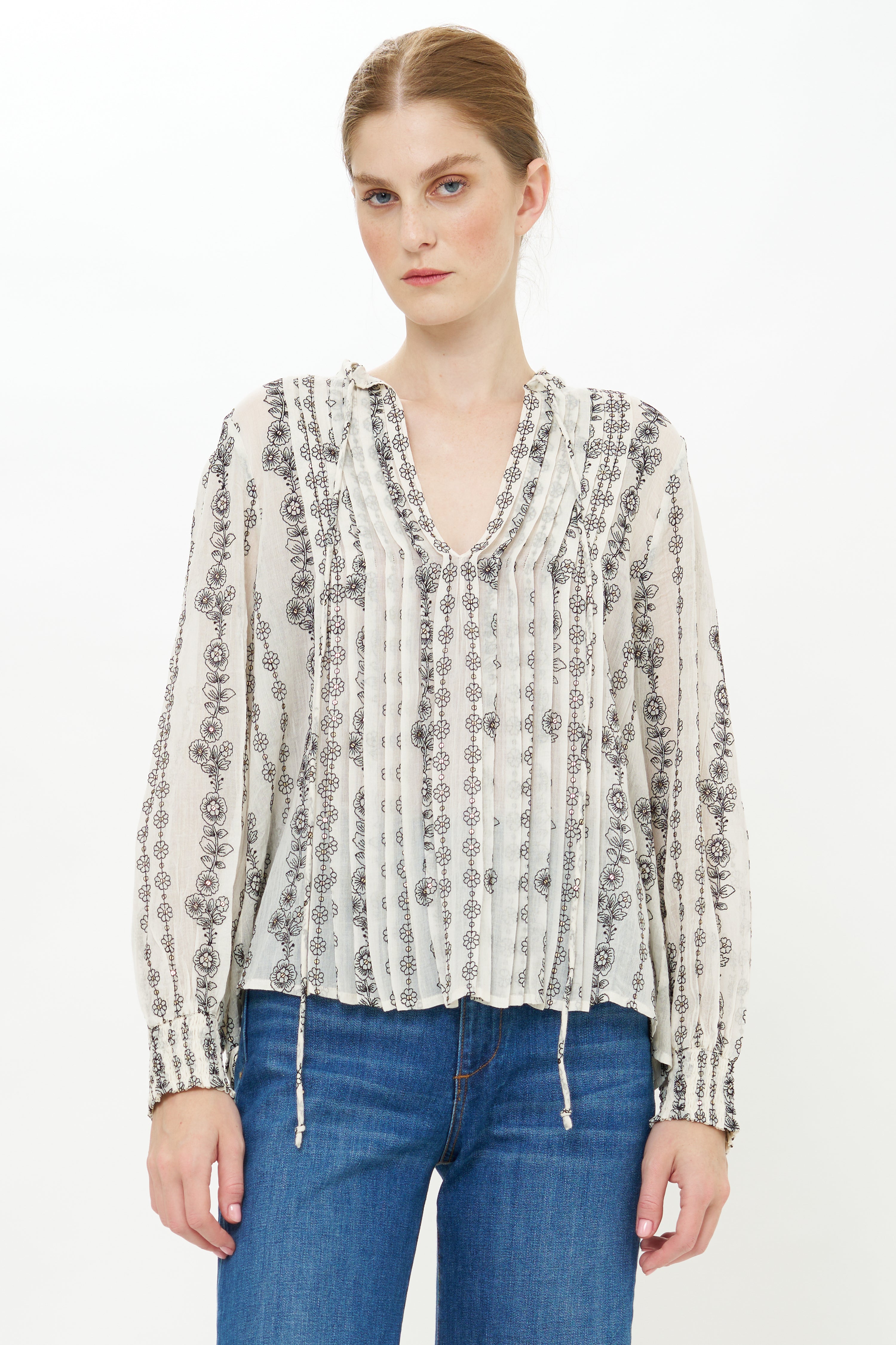 V-Neck Pintuck Blouse- Petal Cream