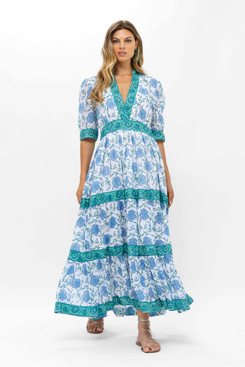 V-Neck Cuffed Maxi- Poppy Blue