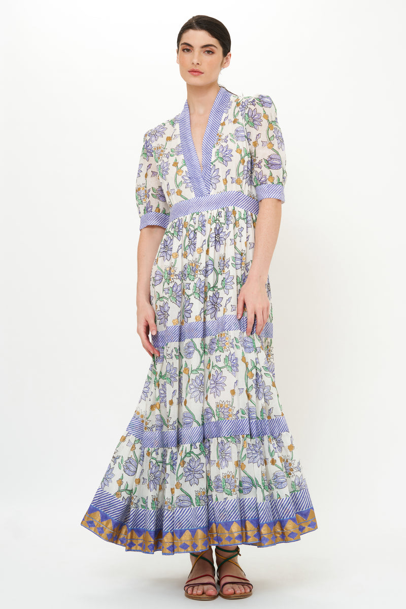 V-Neck Cuffed Maxi- Presidio Blue