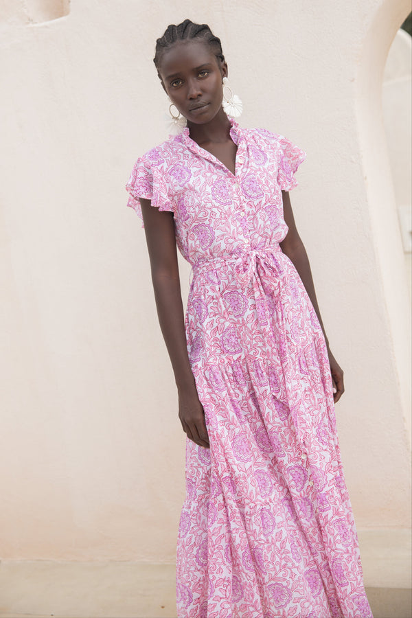 Ruffle Collar Button Maxi- Malta Pink