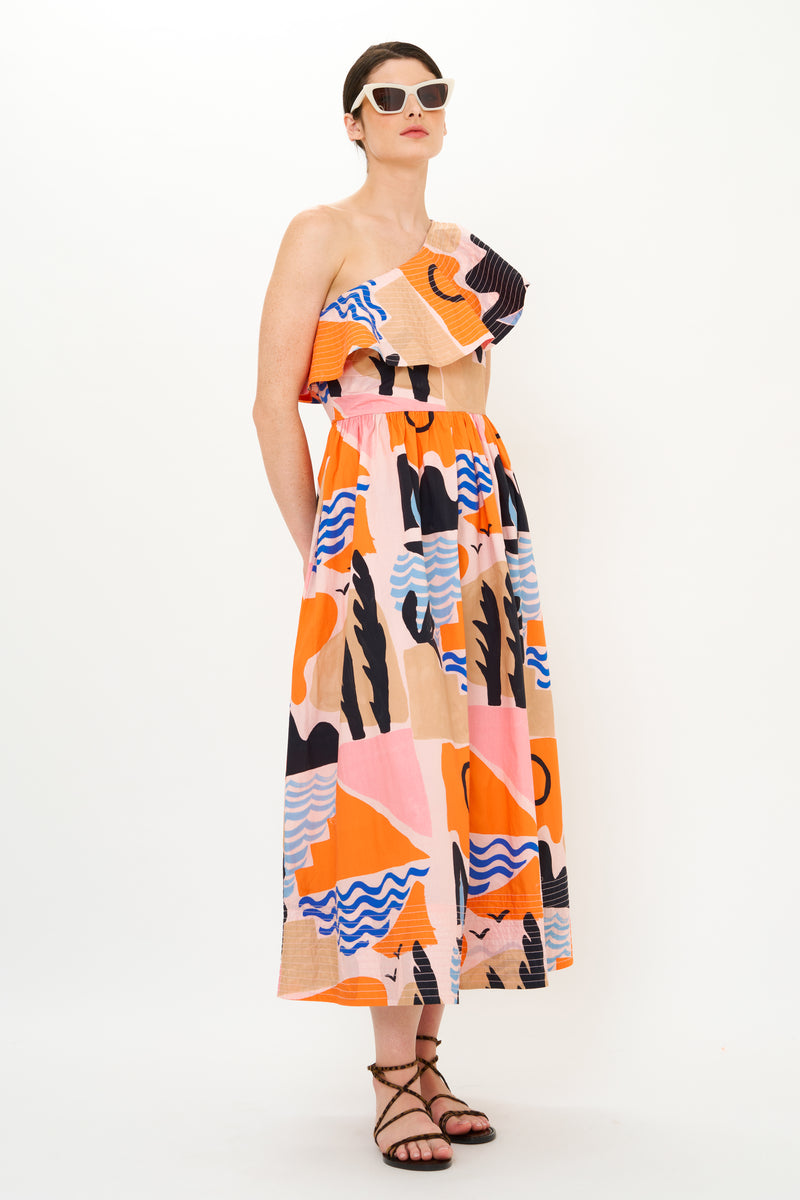 One Shoulder Ruffle Maxi- Riviera Orange