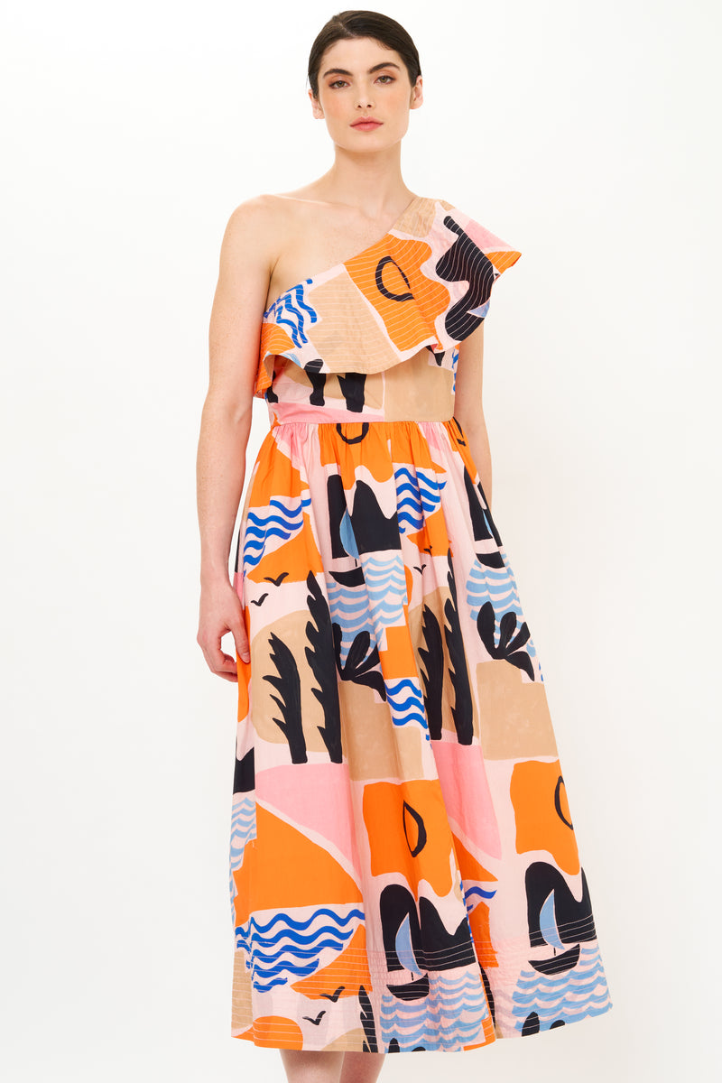 One Shoulder Ruffle Maxi- Riviera Orange