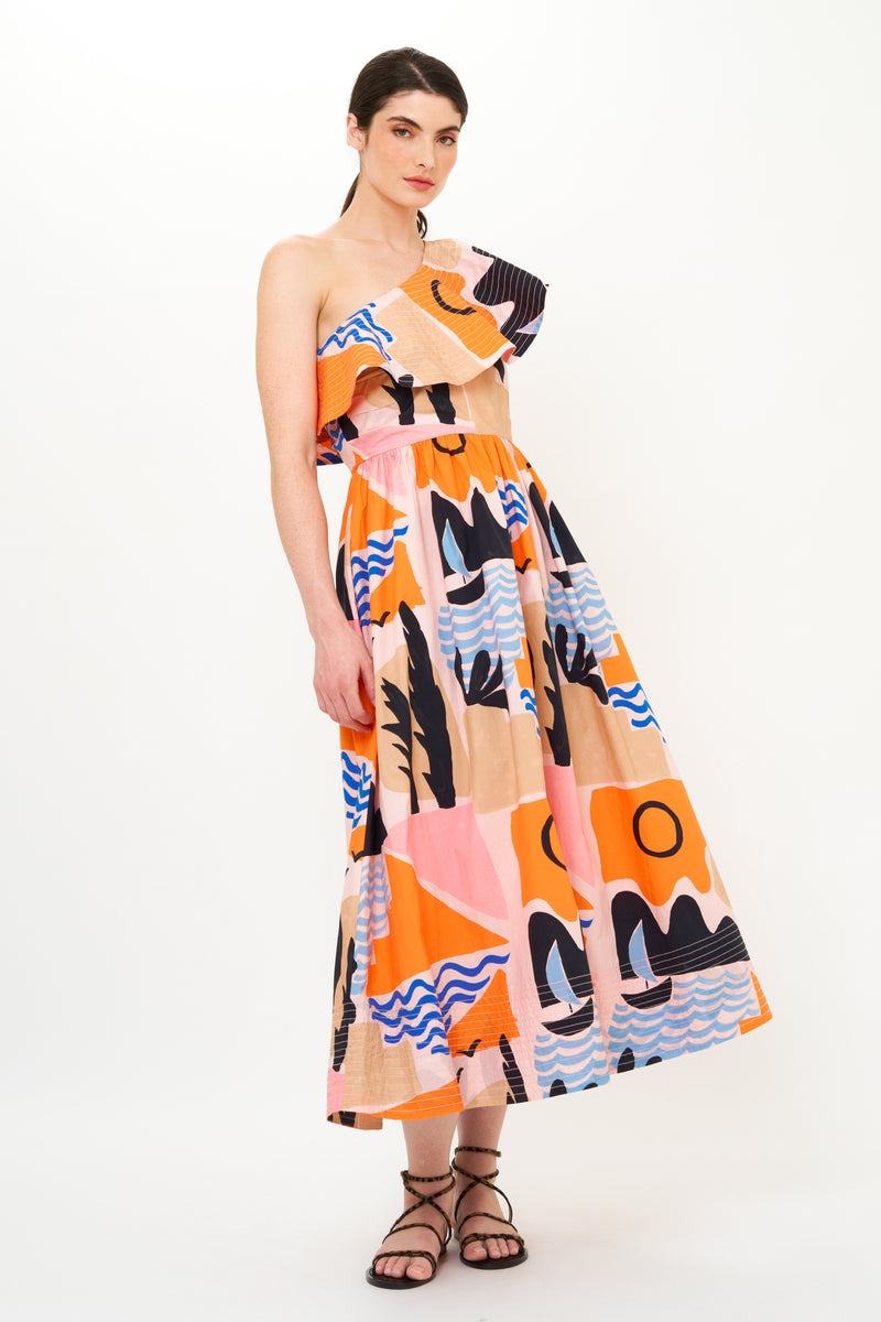 One Shoulder Ruffle Maxi- Riviera Orange