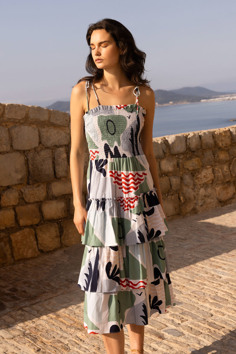 Smocked Tie Strap Midi- Riviera Sage