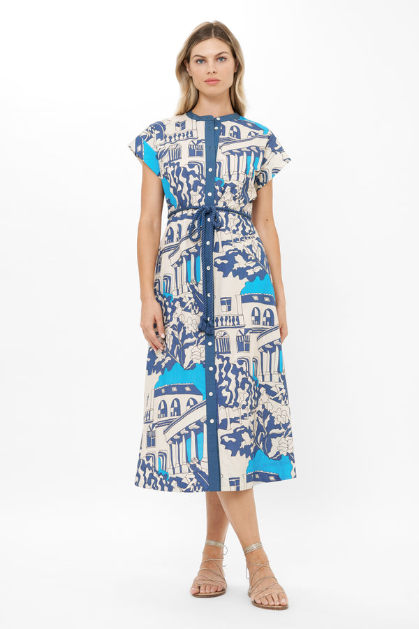 Cap Sleeve Shirt Dress Midi- Roma Blue