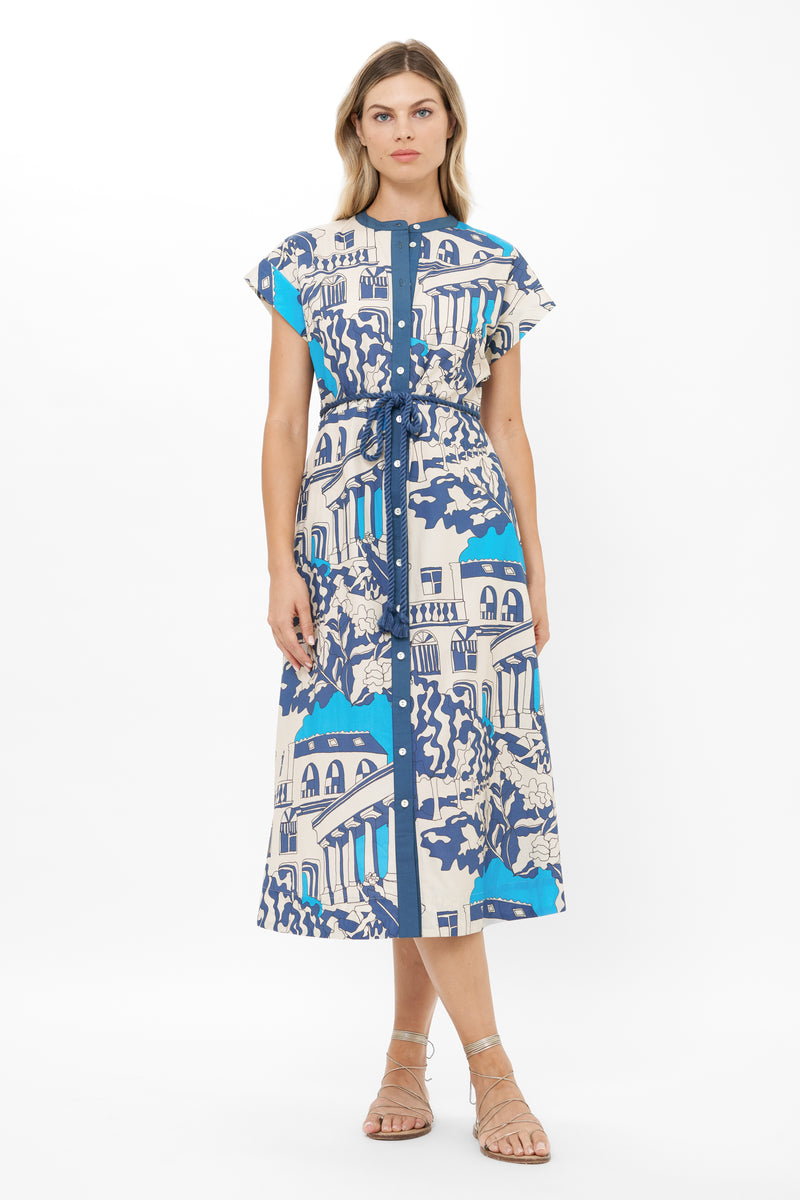 Cap Sleeve Shirt Dress Midi- Roma Blue