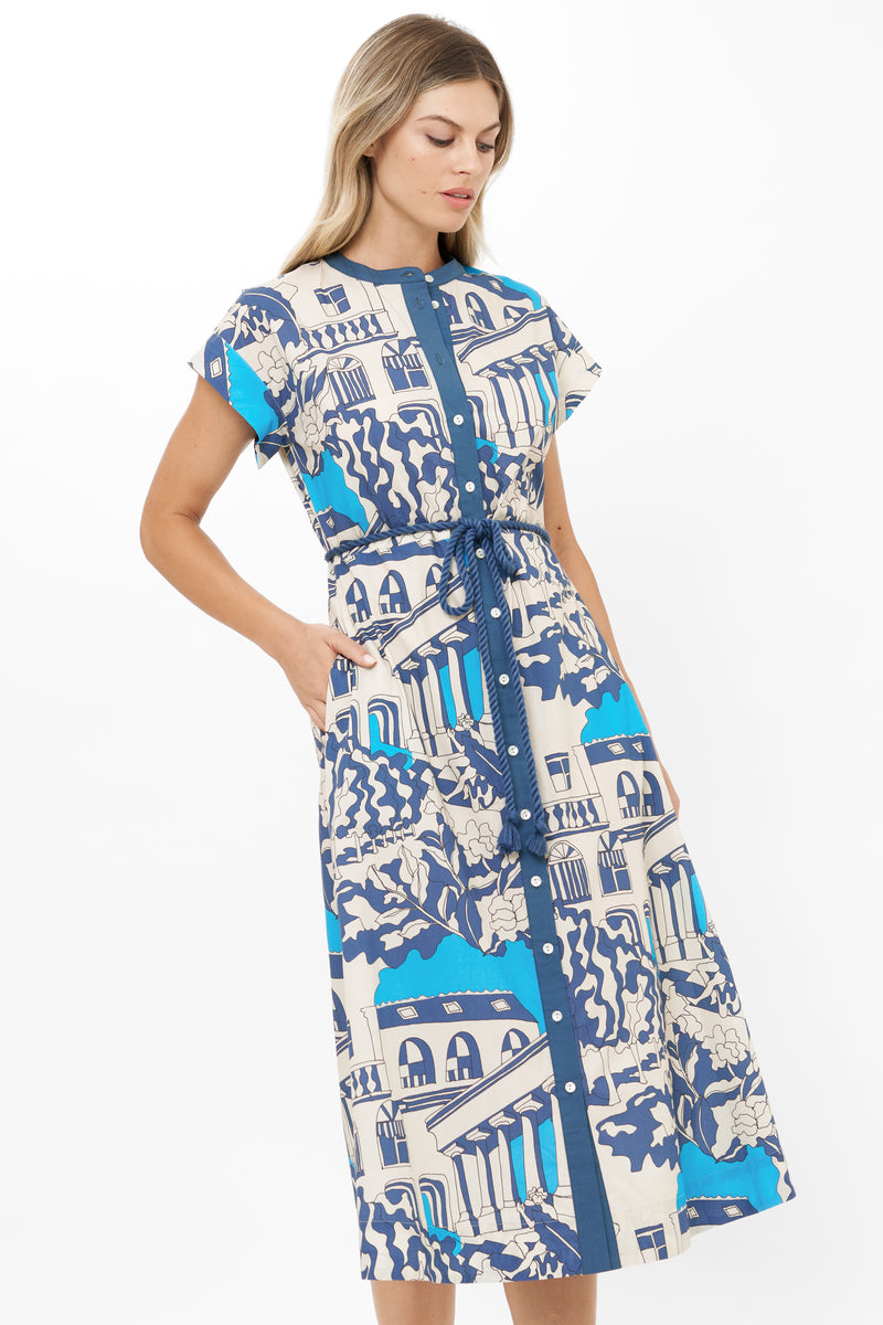 Cap Sleeve Shirt Dress Midi- Roma Blue