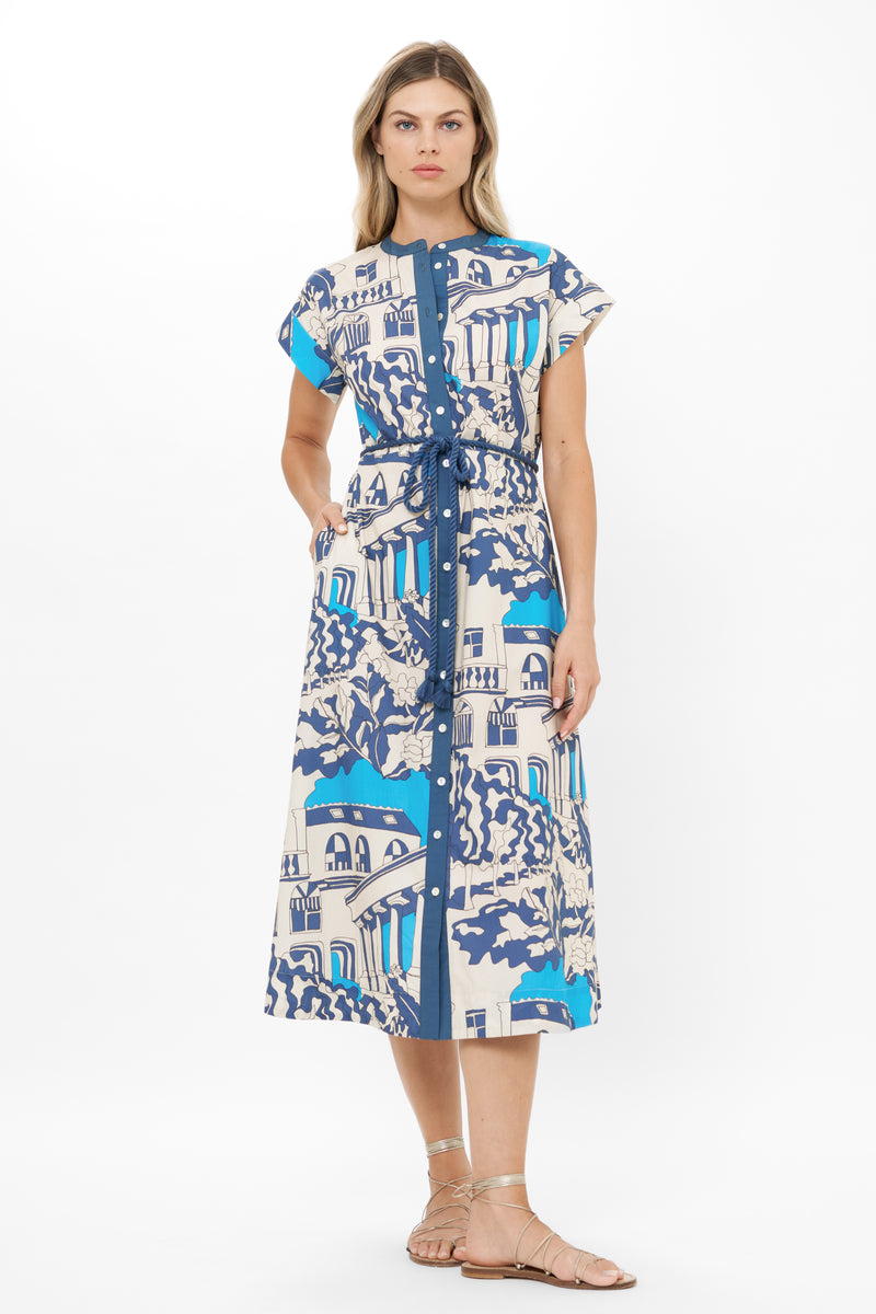 Cap Sleeve Shirt Dress Midi- Roma Blue