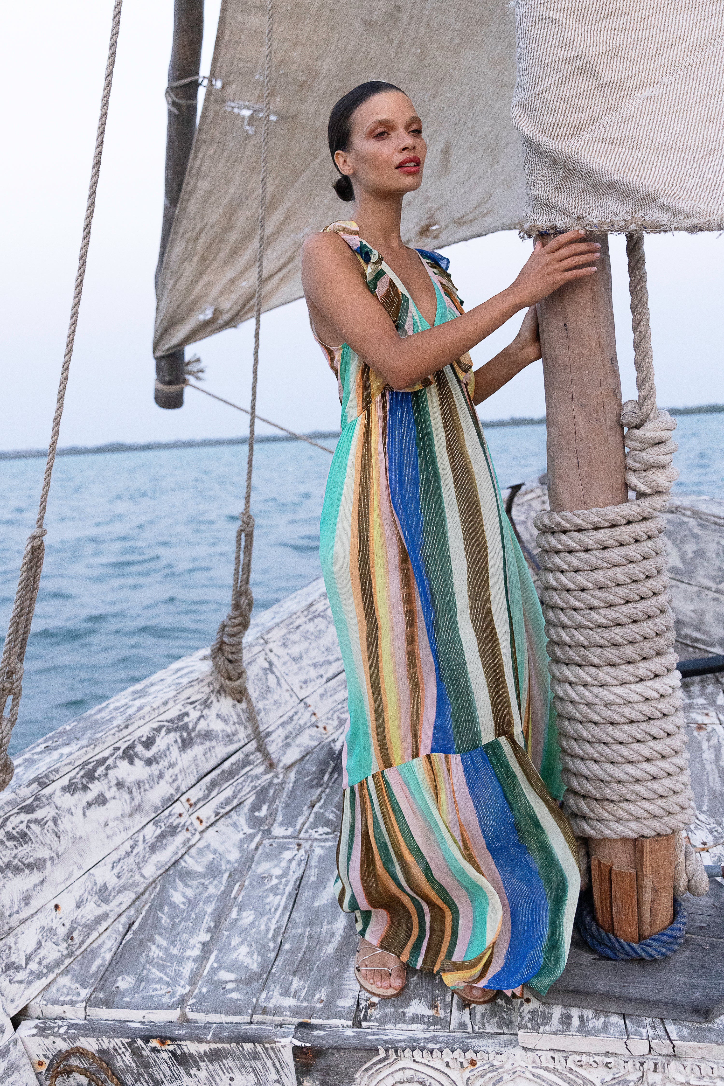 Ruffle V-Neck Maxi- Zanzibar Multi