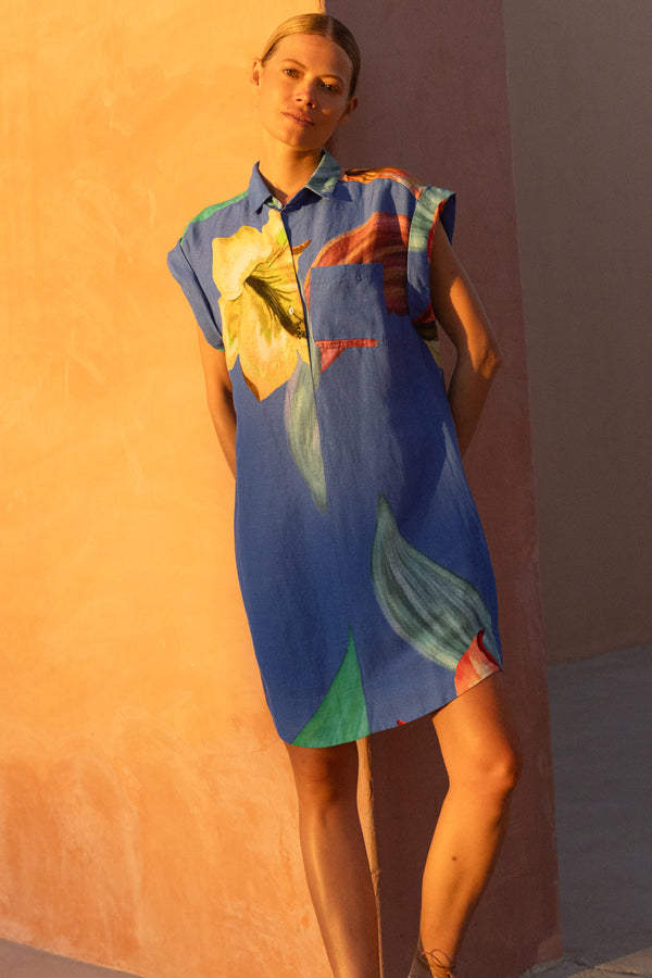 Shirt Dress Mini- Hibiscus Blue