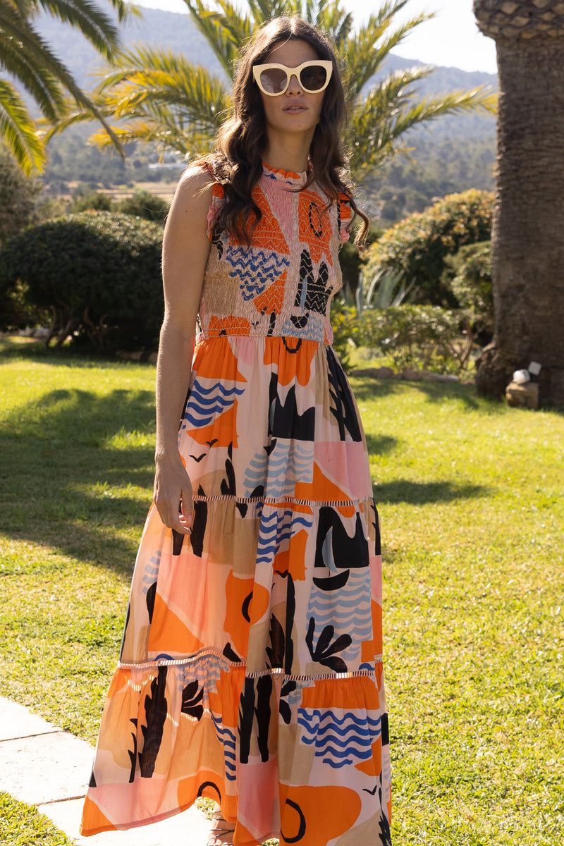 Sleeveless Smocked Maxi- Riviera Orange