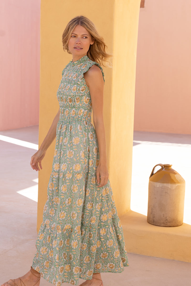 Sleeveless Smocked Maxi- Mughal Green
