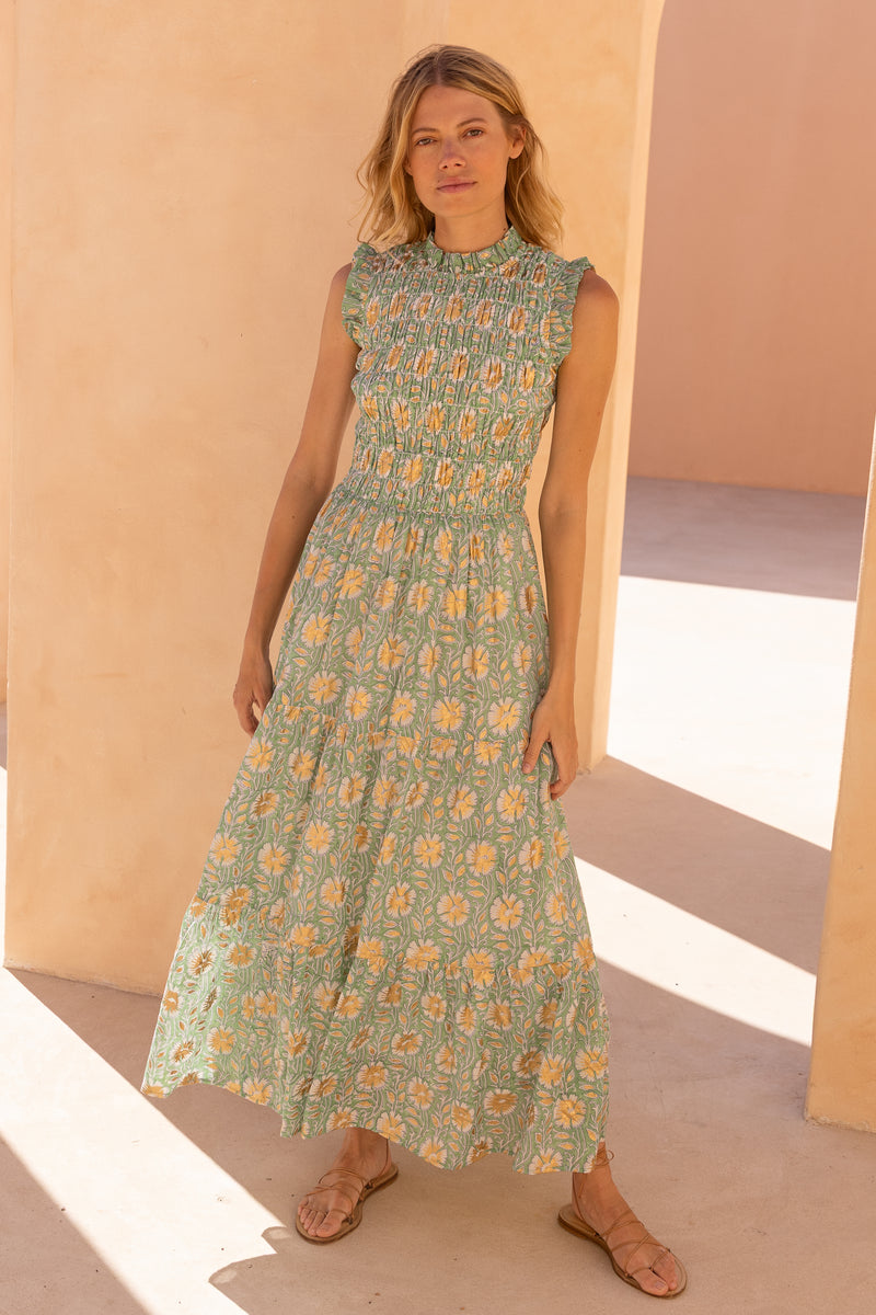 Sleeveless Smocked Maxi- Mughal Green