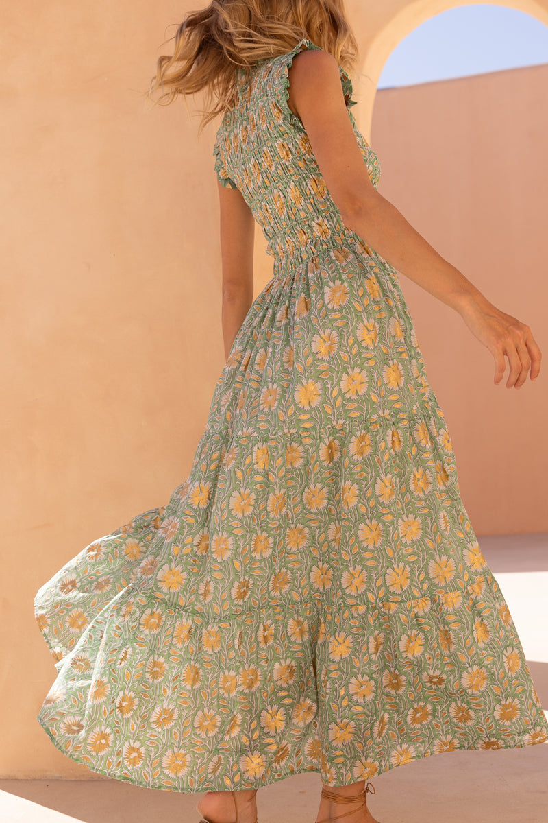 Sleeveless Smocked Maxi- Mughal Green